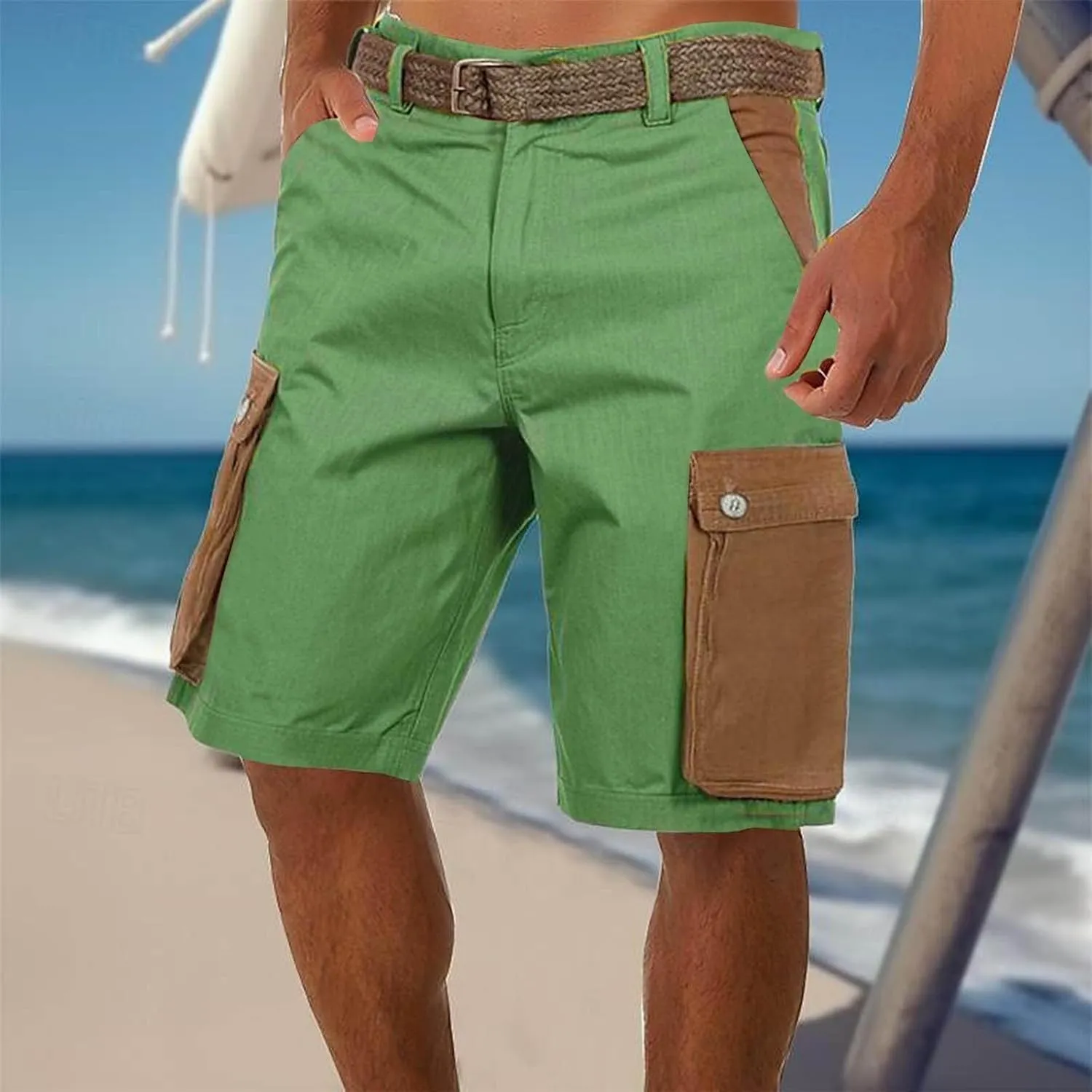 Cargo Linen Shorts Men Drawstring Casual Shorts with Brown Button Pockets Relaxed Fit Summer Beach Clothes