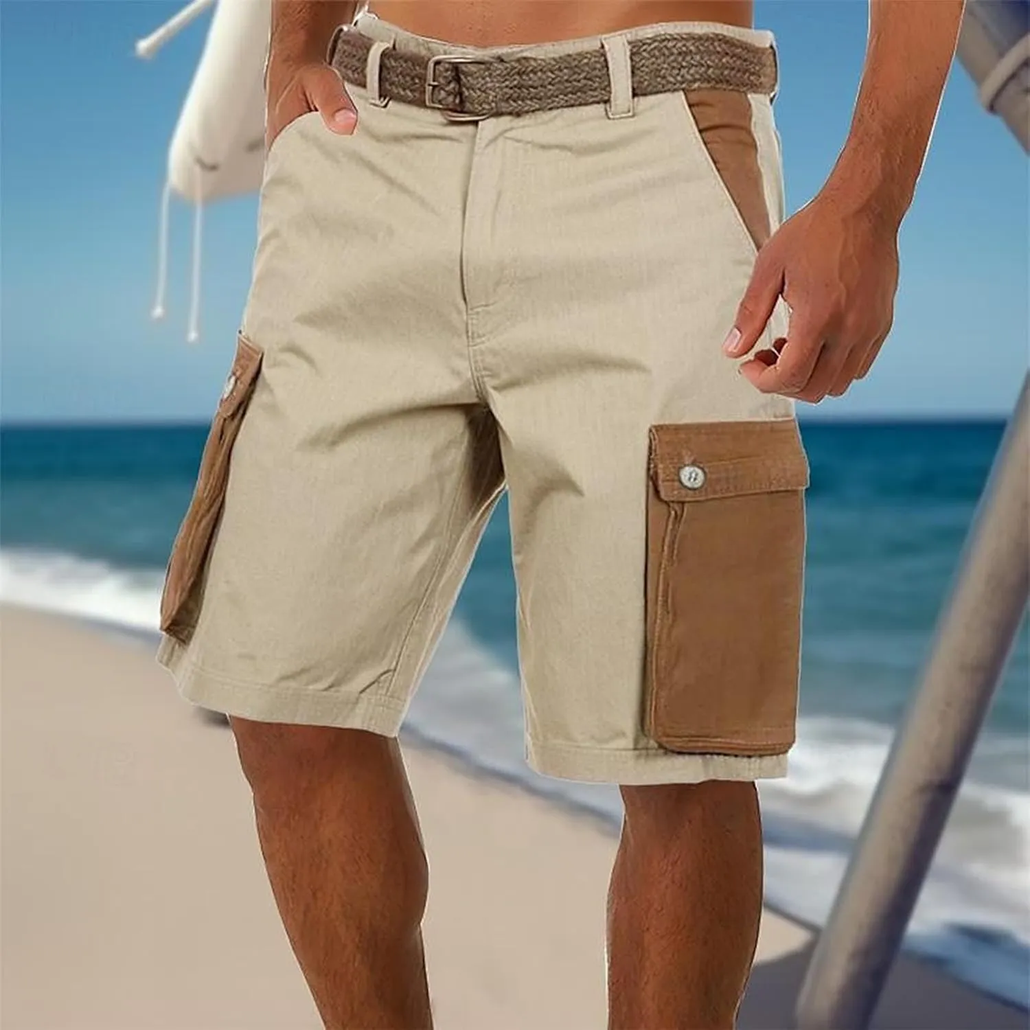 Cargo Linen Shorts Men Drawstring Casual Shorts with Brown Button Pockets Relaxed Fit Summer Beach Clothes
