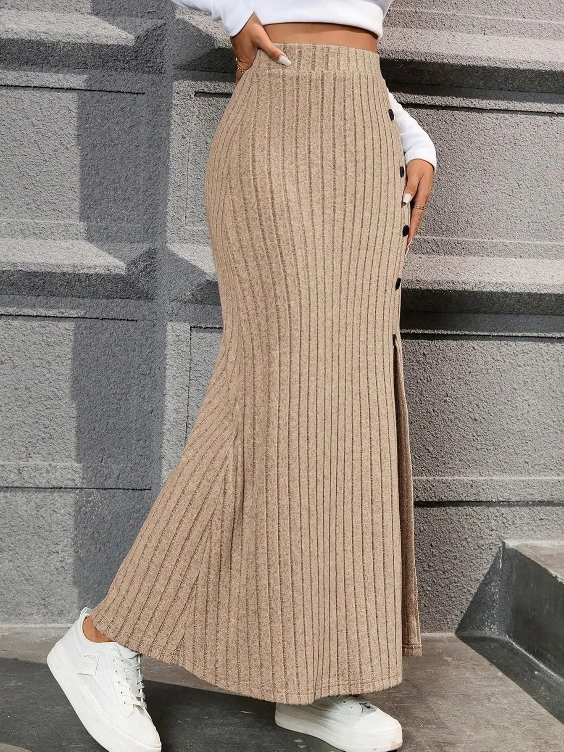 Casual Women's Skirt Women's Beige Casual Button Decoration High Slit Long Skirt for Women