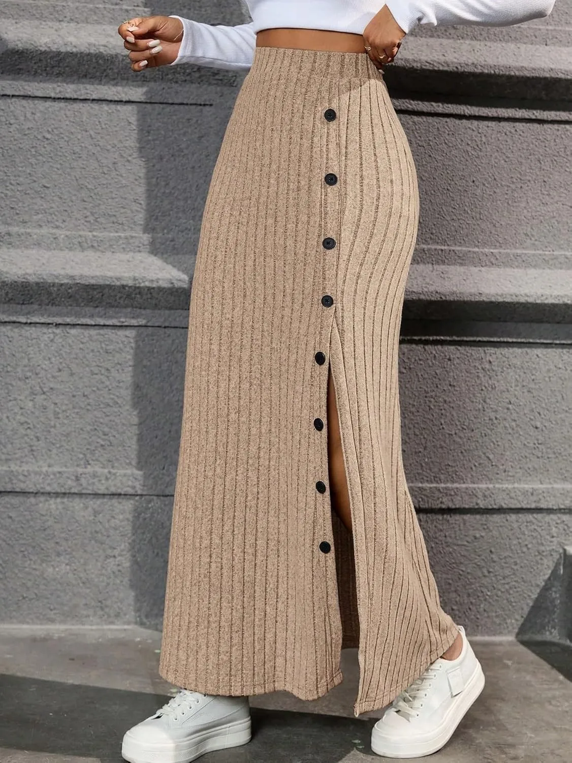 Casual Women's Skirt Women's Beige Casual Button Decoration High Slit Long Skirt for Women