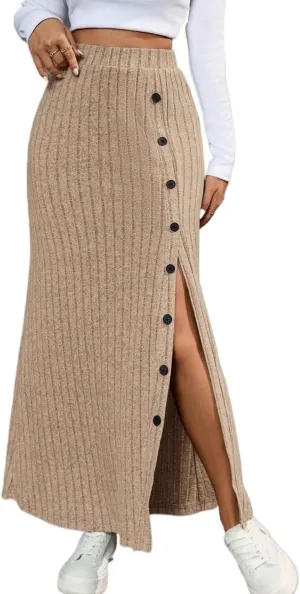 Casual Women's Skirt Women's Beige Casual Button Decoration High Slit Long Skirt for Women