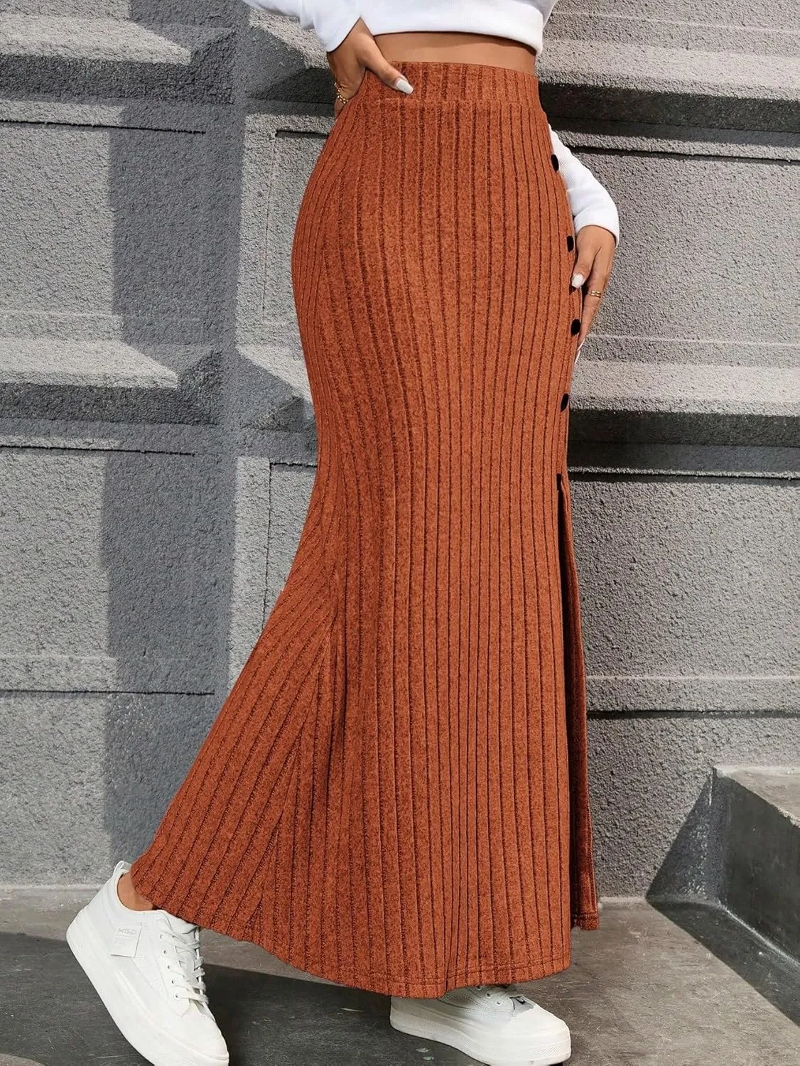 Casual Women's Skirt Women's Brown Casual Button Decoration High Slit Long Skirt for Women
