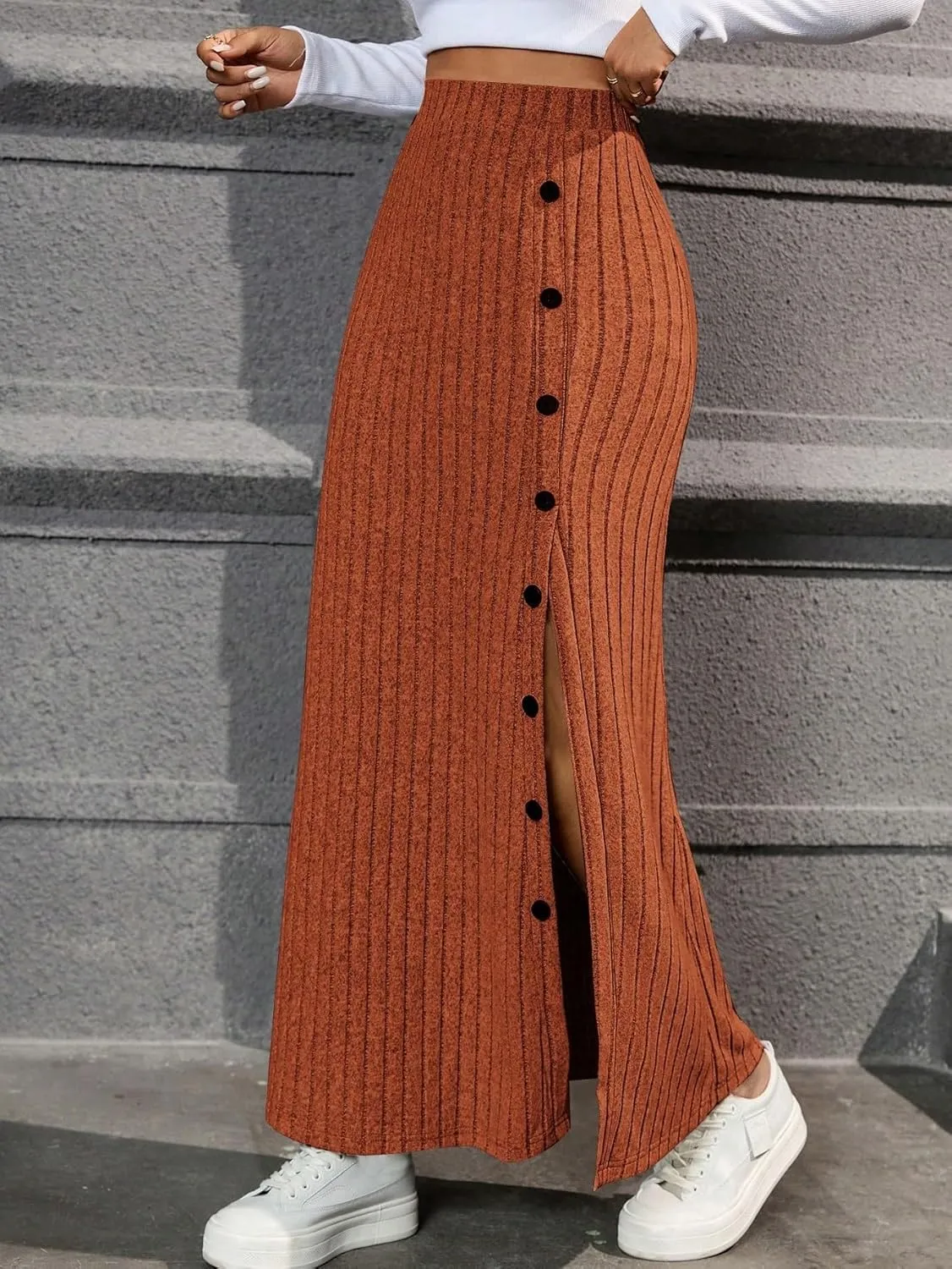 Casual Women's Skirt Women's Brown Casual Button Decoration High Slit Long Skirt for Women