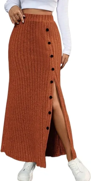 Casual Women's Skirt Women's Brown Casual Button Decoration High Slit Long Skirt for Women