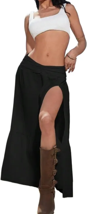 Casual Women's Skirt Women's Casual Ruched Solid Color High Slit Long Skirt for Women
