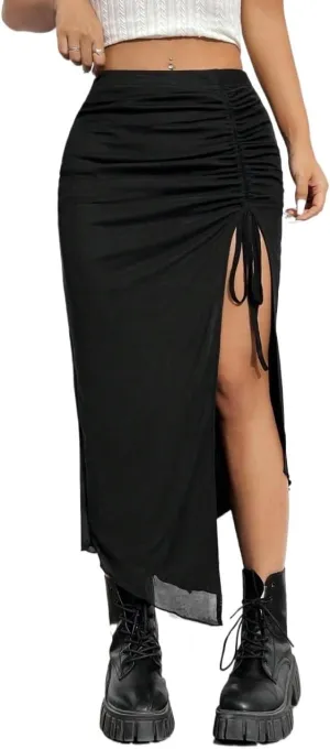 Casual Women's Skirt Women's High-Slit Black Knitted Drawstring Bodycon Long Skirt for Women