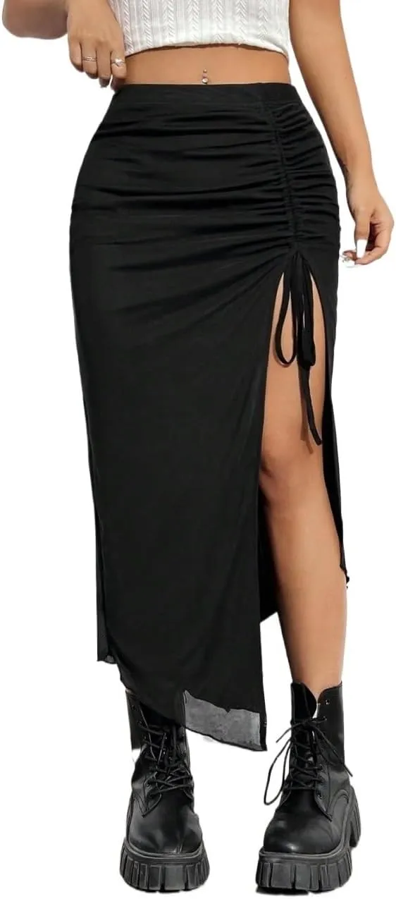 Casual Women's Skirt Women's High-Slit Black Knitted Drawstring Bodycon Long Skirt for Women