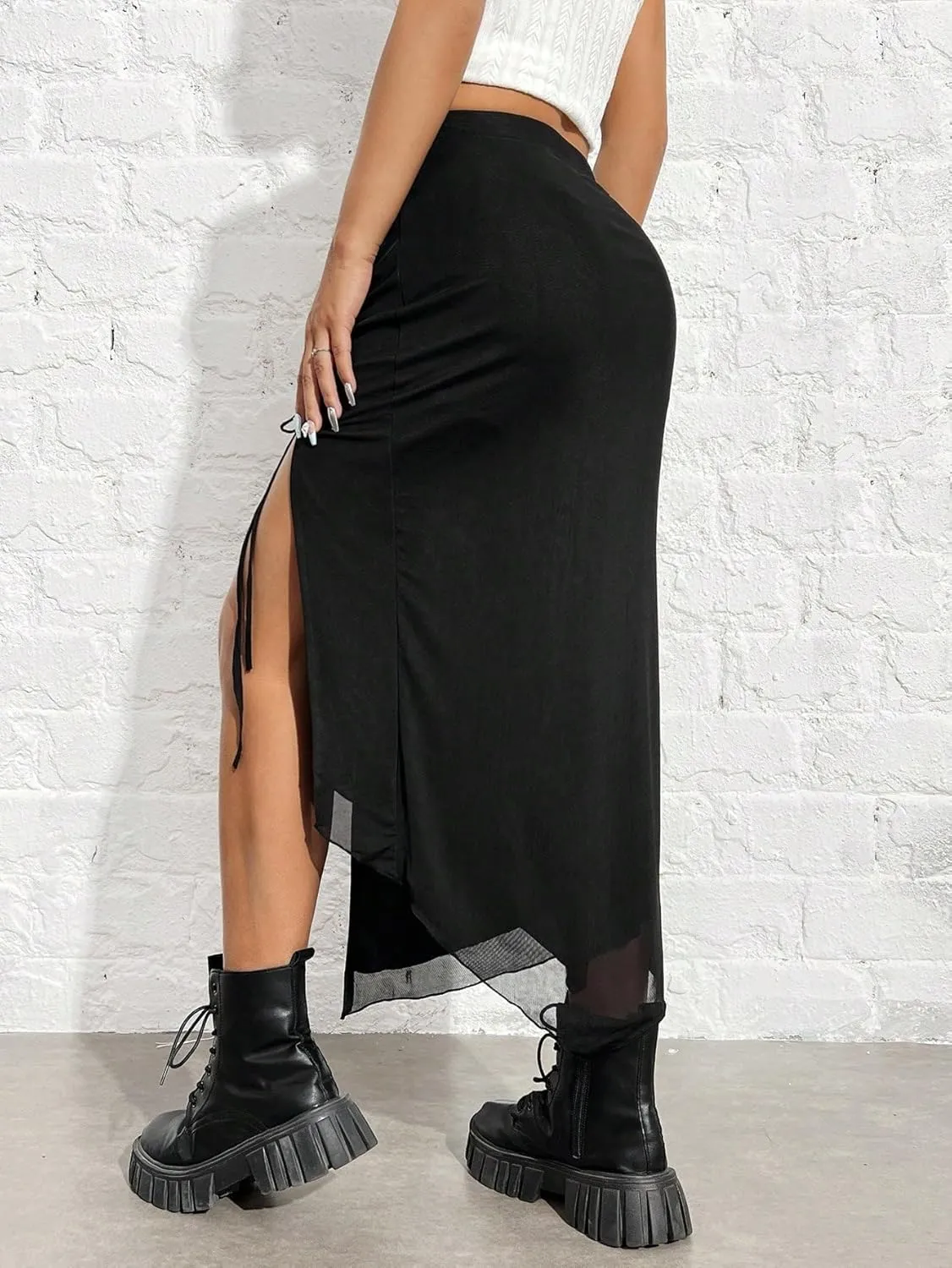 Casual Women's Skirt Women's High-Slit Black Knitted Drawstring Bodycon Long Skirt for Women
