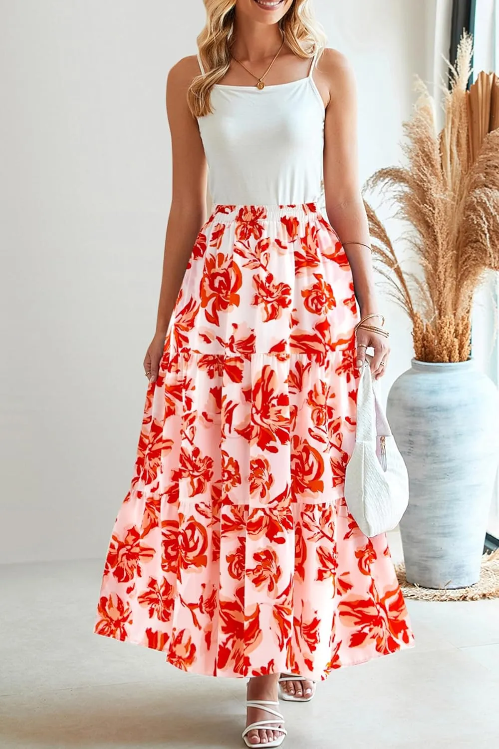 CFLONGE Floral Maxi Skirts for Women Summer Pleated High Waisted Casual Long Skirts with Pockets High Slit Boho Flowy Skirt
