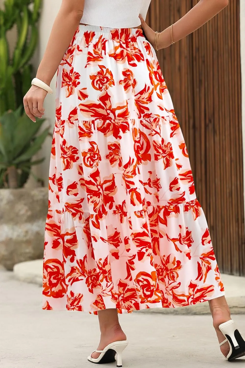 CFLONGE Floral Maxi Skirts for Women Summer Pleated High Waisted Casual Long Skirts with Pockets High Slit Boho Flowy Skirt