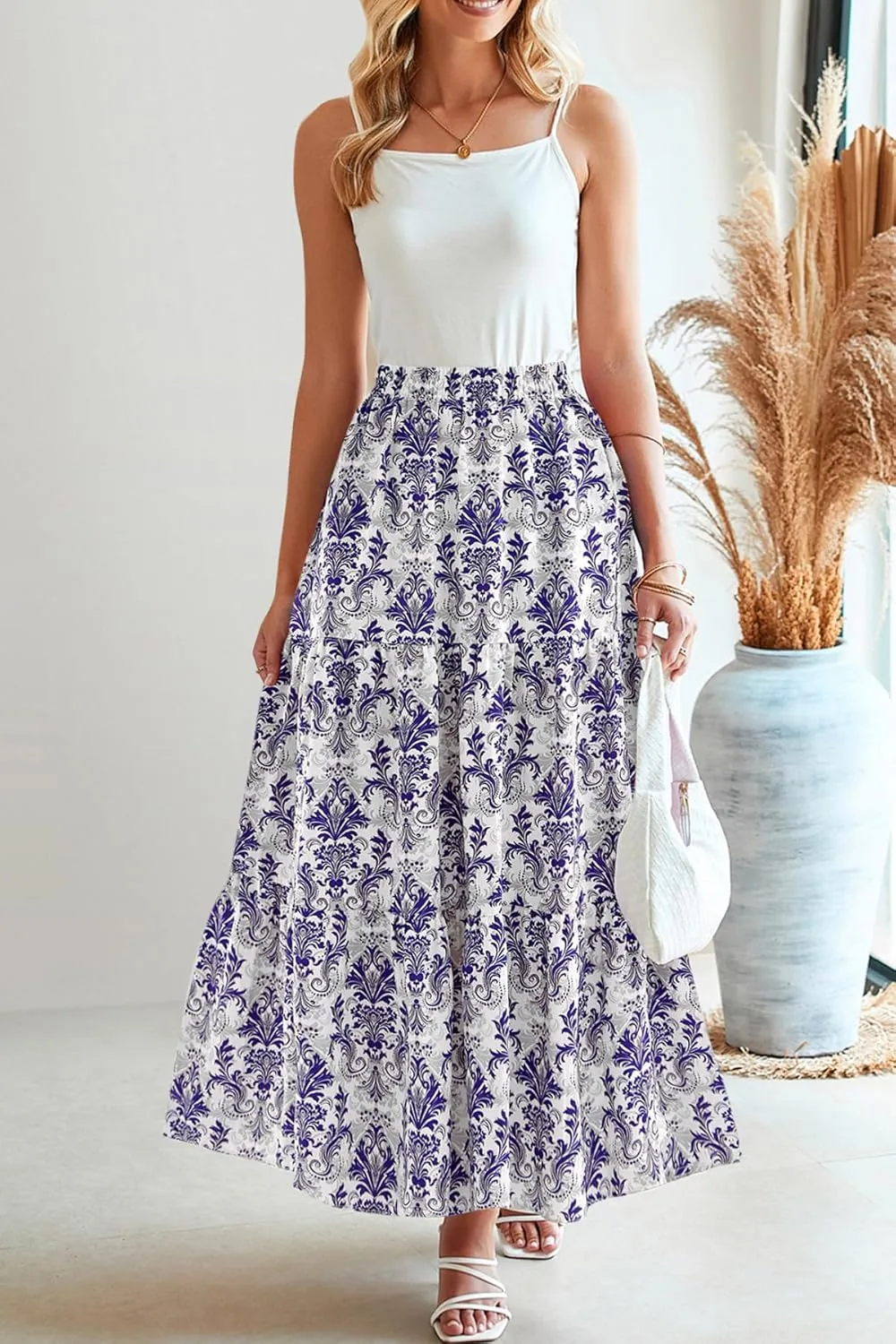 CFLONGE Floral Maxi Skirts for Women Summer Pleated High Waisted Casual Long Skirts with Pockets High Slit Boho Flowy Skirt