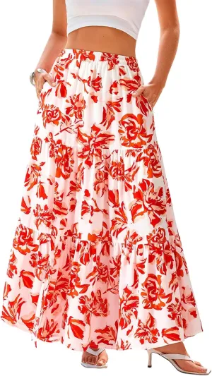 CFLONGE Floral Maxi Skirts for Women Summer Pleated High Waisted Casual Long Skirts with Pockets High Slit Boho Flowy Skirt