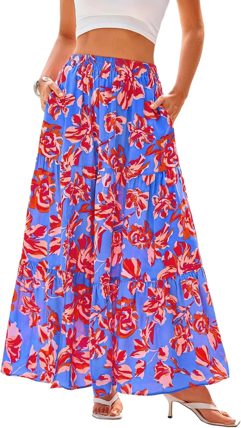 CFLONGE Floral Maxi Skirts for Women Summer Pleated High Waisted Casual Long Skirts with Pockets High Slit Boho Flowy Skirt