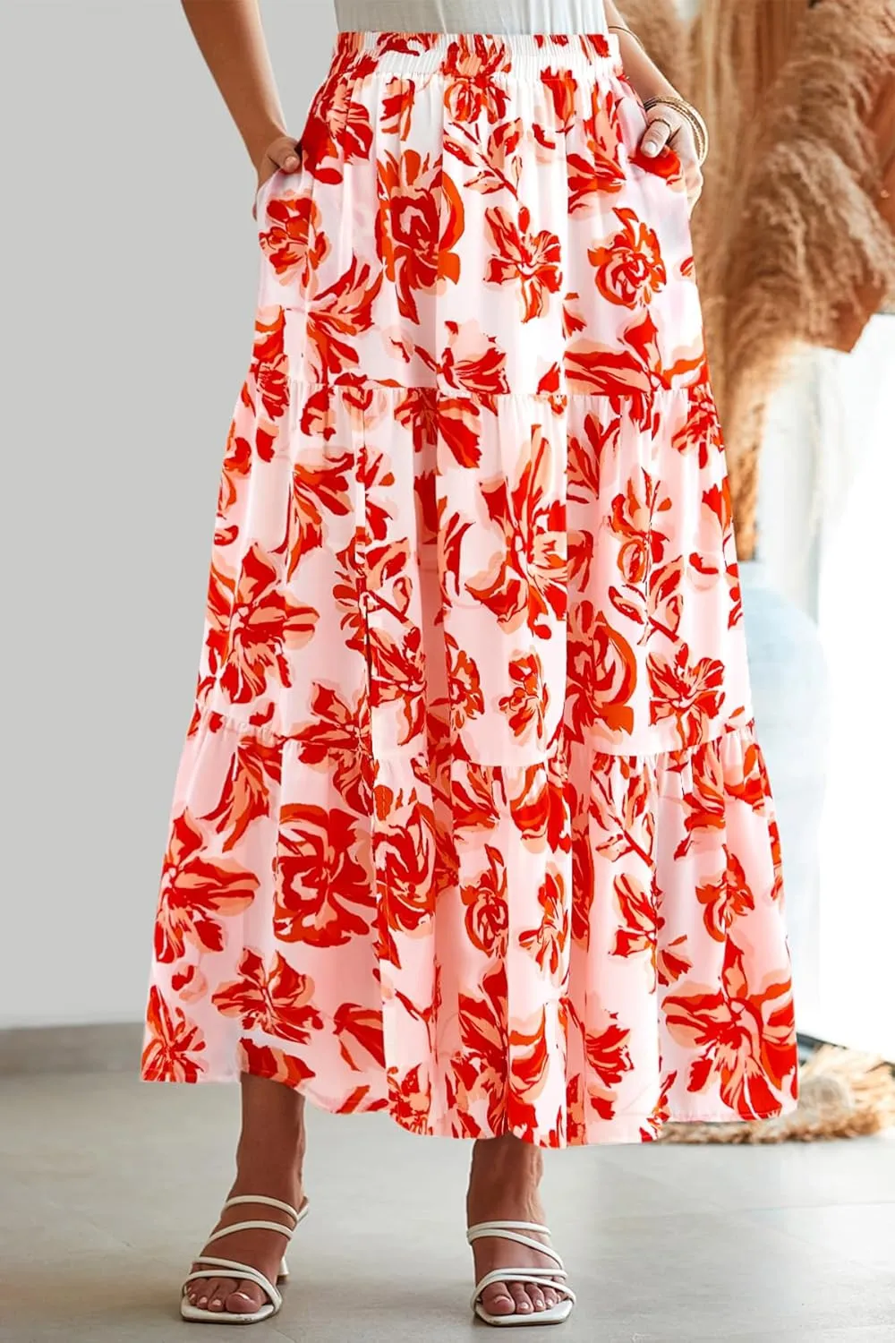 CFLONGE Floral Maxi Skirts for Women Summer Pleated High Waisted Casual Long Skirts with Pockets High Slit Boho Flowy Skirt
