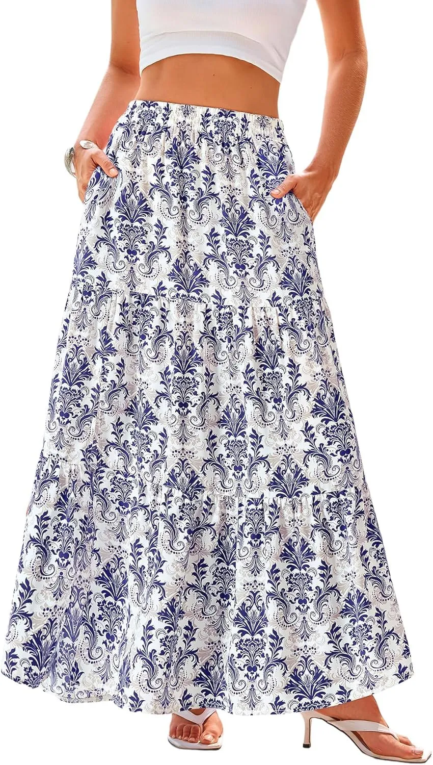 CFLONGE Floral Maxi Skirts for Women Summer Pleated High Waisted Casual Long Skirts with Pockets High Slit Boho Flowy Skirt