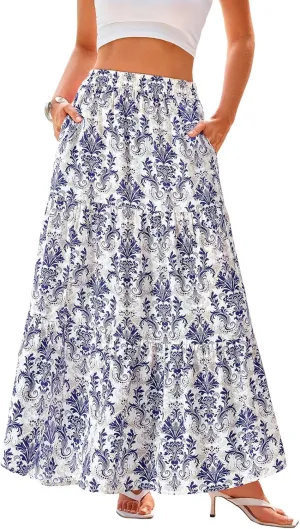 CFLONGE Floral Maxi Skirts for Women Summer Pleated High Waisted Casual Long Skirts with Pockets High Slit Boho Flowy Skirt
