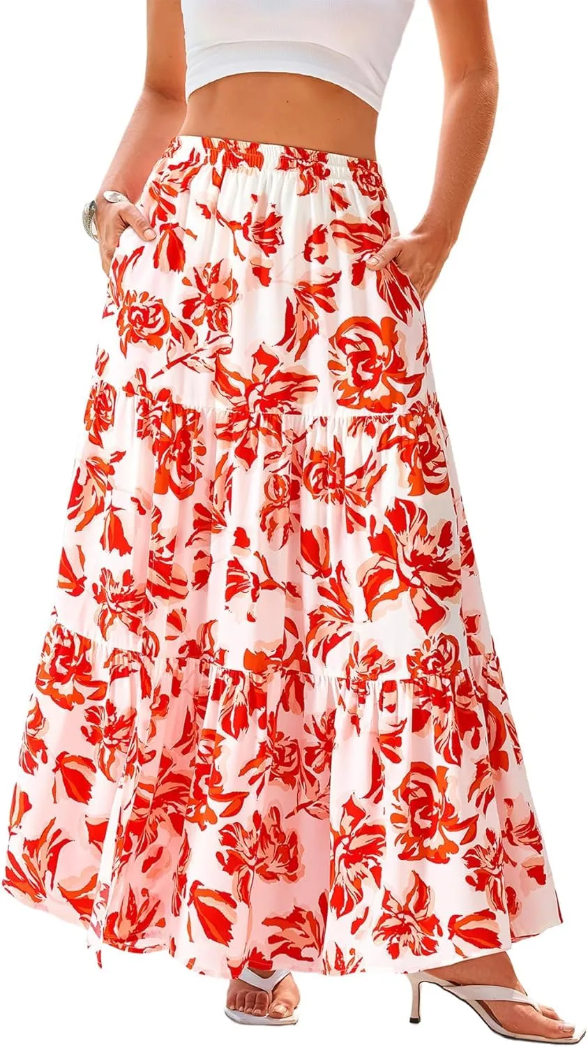 CFLONGE Floral Maxi Skirts for Women Summer Pleated High Waisted Casual Long Skirts with Pockets High Slit Boho Flowy Skirt