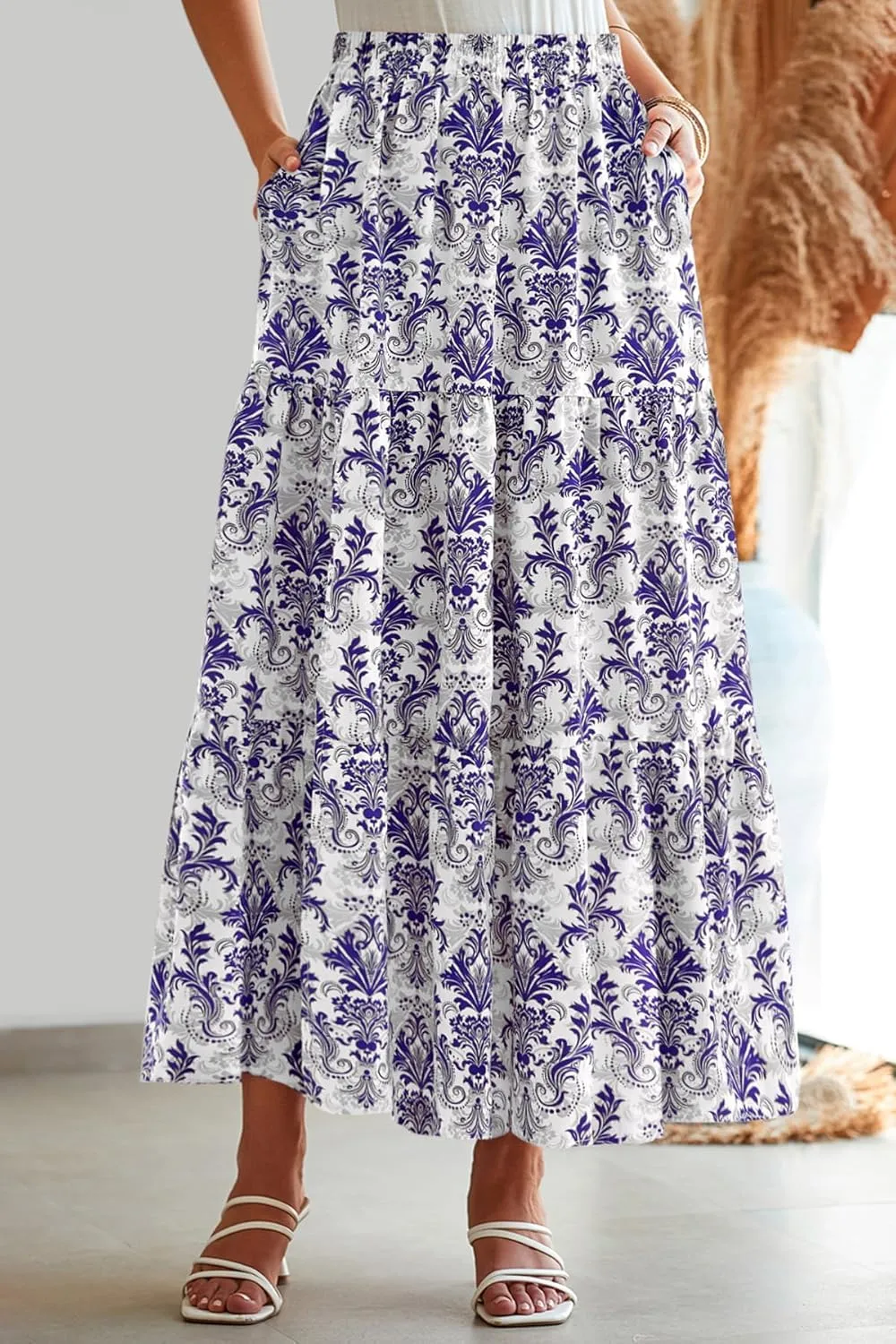 CFLONGE Floral Maxi Skirts for Women Summer Pleated High Waisted Casual Long Skirts with Pockets High Slit Boho Flowy Skirt