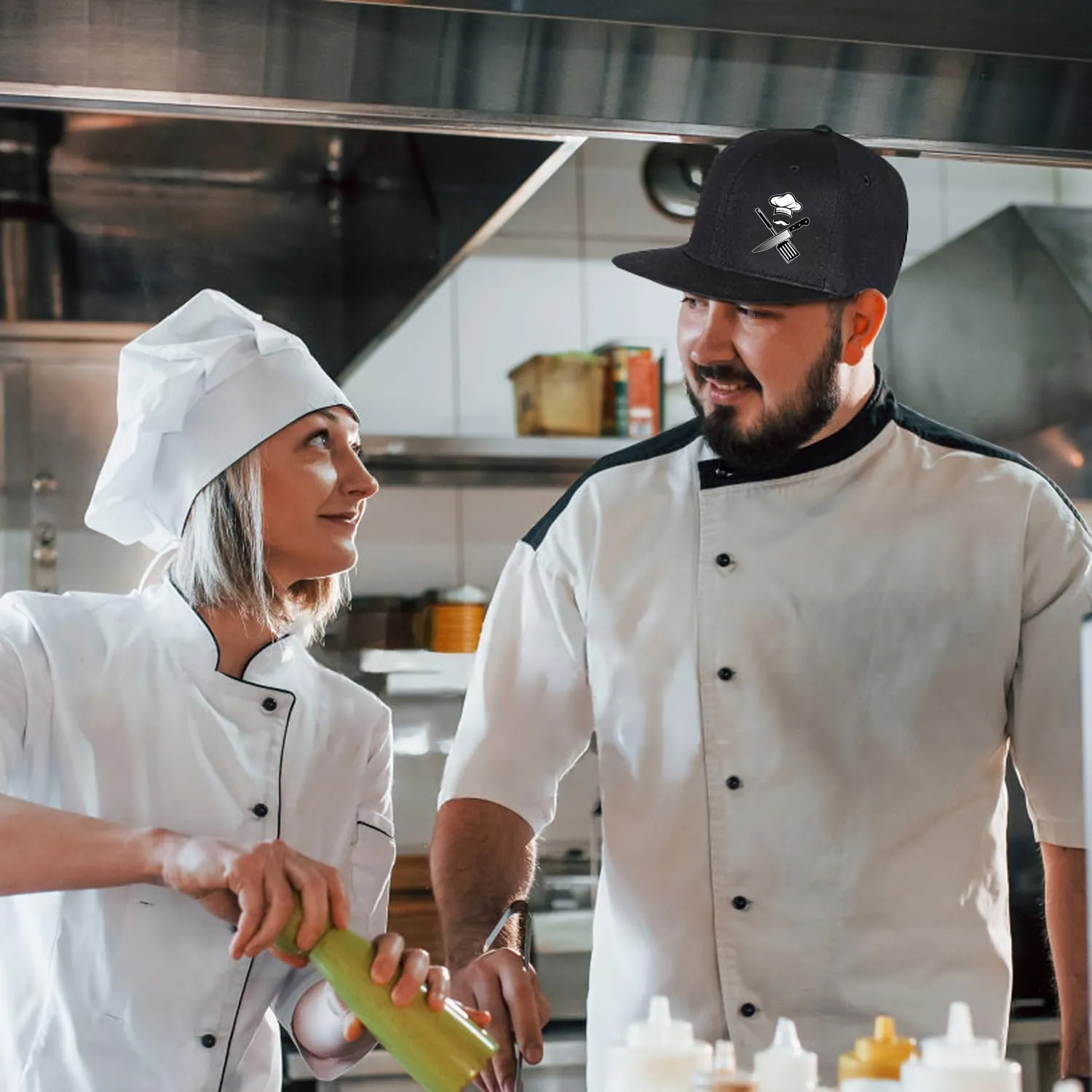 Chef Hat for Men Snapback Hats Funny Flat Bill Hat for Boy Women Adjustable Snap Pack Baseball Cap Black