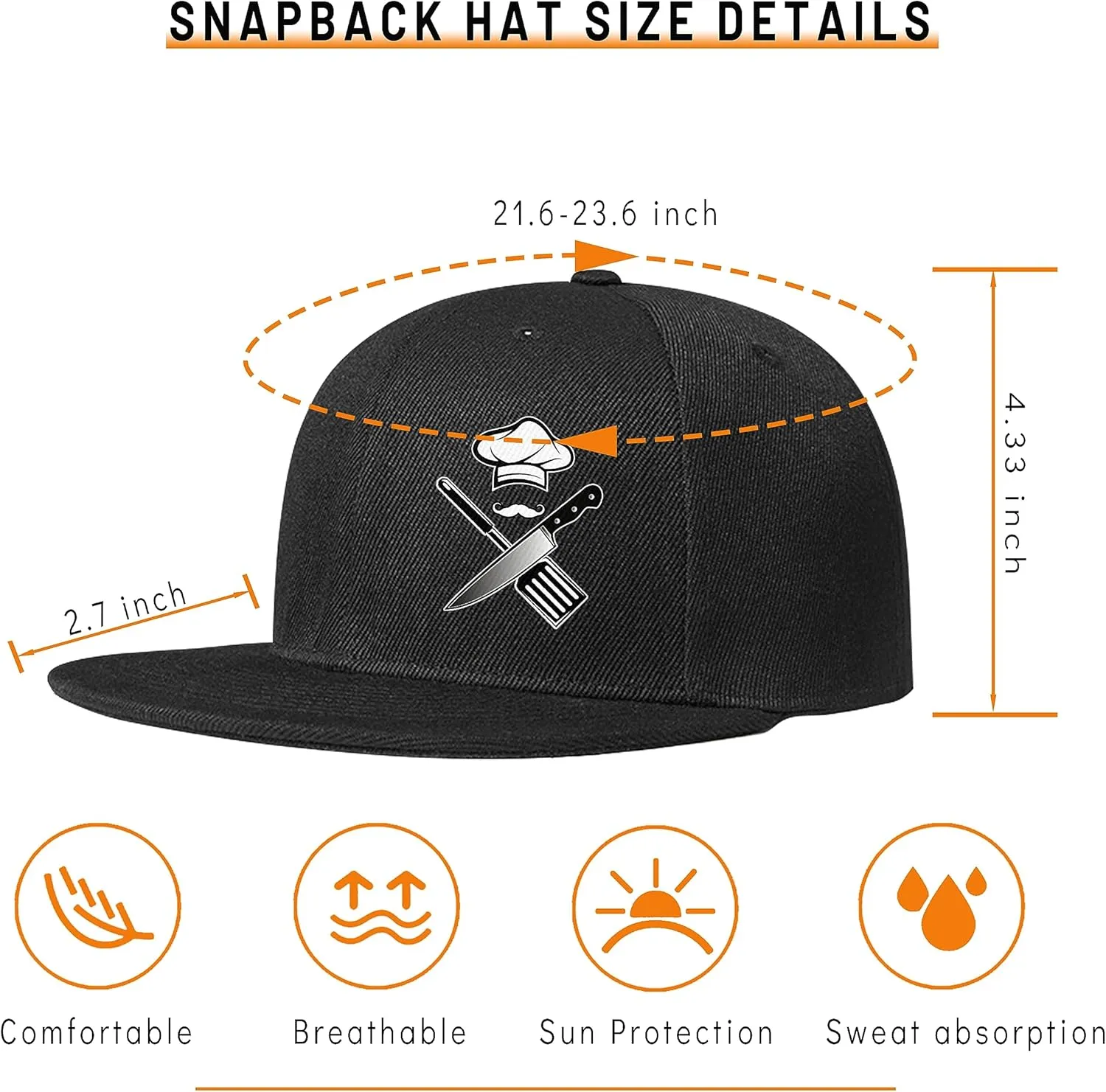 Chef Hat for Men Snapback Hats Funny Flat Bill Hat for Boy Women Adjustable Snap Pack Baseball Cap Black