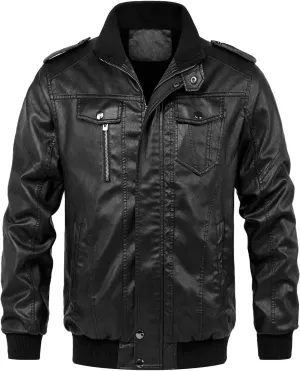 chouyatou Men's Winter Warm Sherpa Lined Zipper Quilted Moto Pu Leather Biker Bomber Jacket
