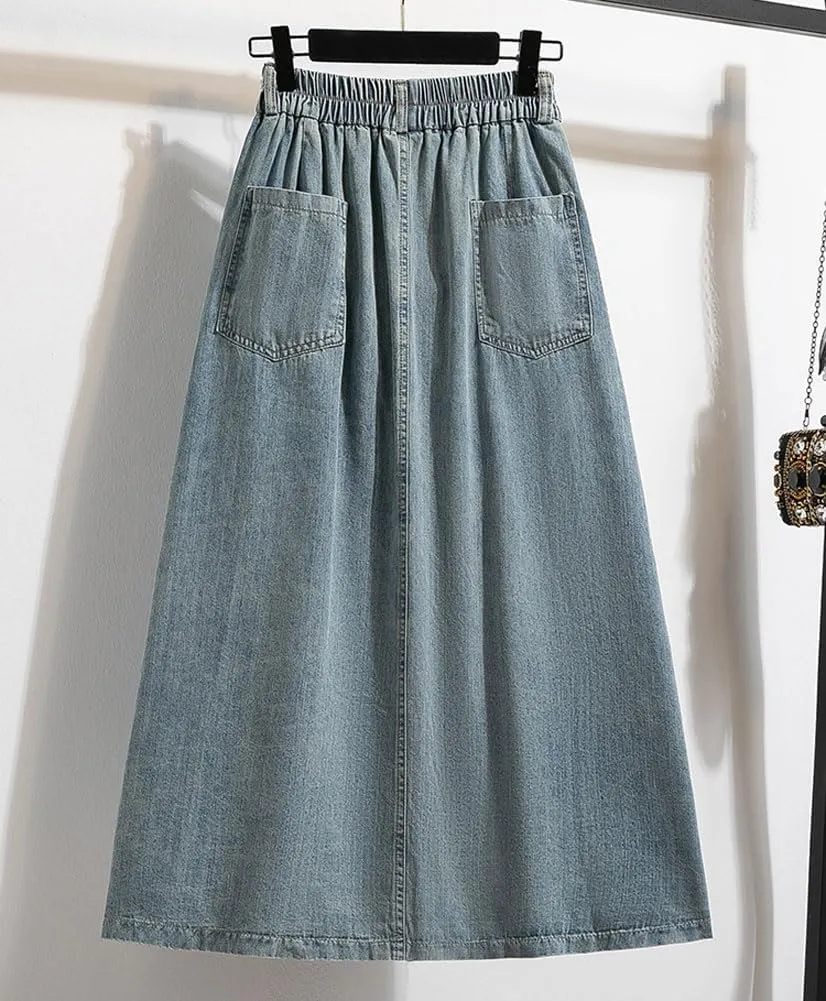 chouyatou Women's Retro Button Elastic Waist Denim Skirt A-Line Pleated Midi Long Jean Skirt with Pockets
