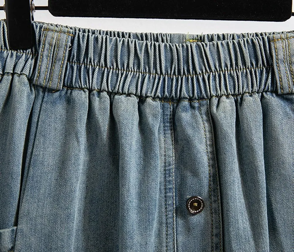 chouyatou Women's Retro Button Elastic Waist Denim Skirt A-Line Pleated Midi Long Jean Skirt with Pockets
