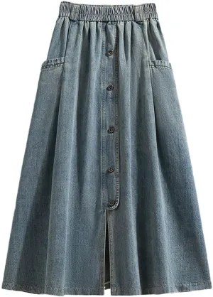 chouyatou Women's Retro Button Elastic Waist Denim Skirt A-Line Pleated Midi Long Jean Skirt with Pockets