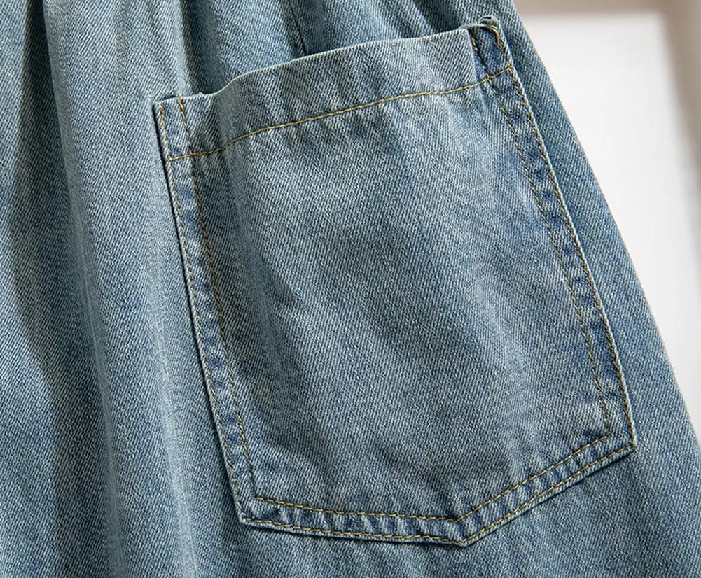 chouyatou Women's Retro Button Elastic Waist Denim Skirt A-Line Pleated Midi Long Jean Skirt with Pockets