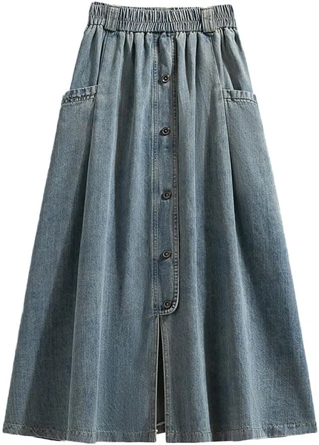 chouyatou Women's Retro Button Elastic Waist Denim Skirt A-Line Pleated Midi Long Jean Skirt with Pockets