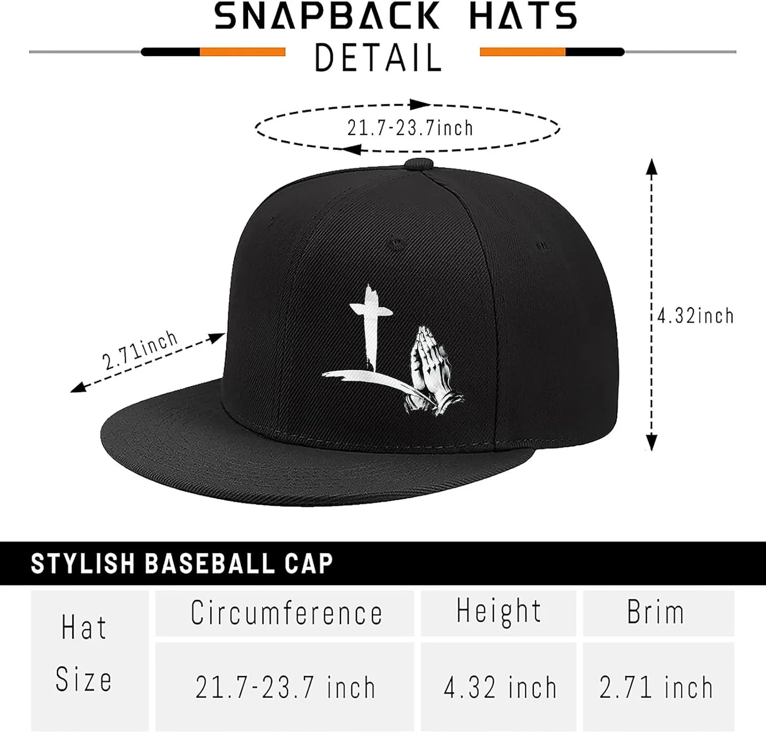 Christian Cross Snapback Hats Adjustable Baseball Cap for Men Cool Praying Skeleton Hand Hat for Men Black Flat Bill