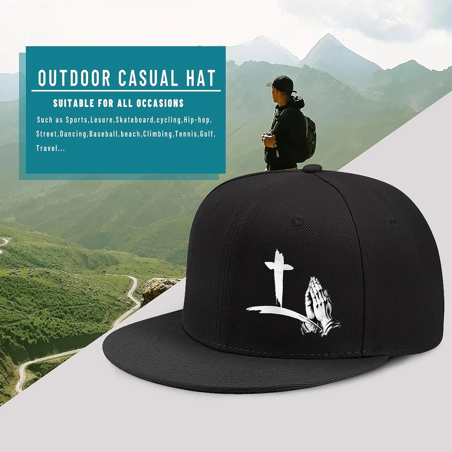 Christian Cross Snapback Hats Adjustable Baseball Cap for Men Cool Praying Skeleton Hand Hat for Men Black Flat Bill