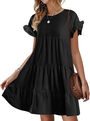Chuanqi Womens Ruffles Boho Floral Printed Babydoll Loose Swing Casual Short Mini T-Shirt Dress