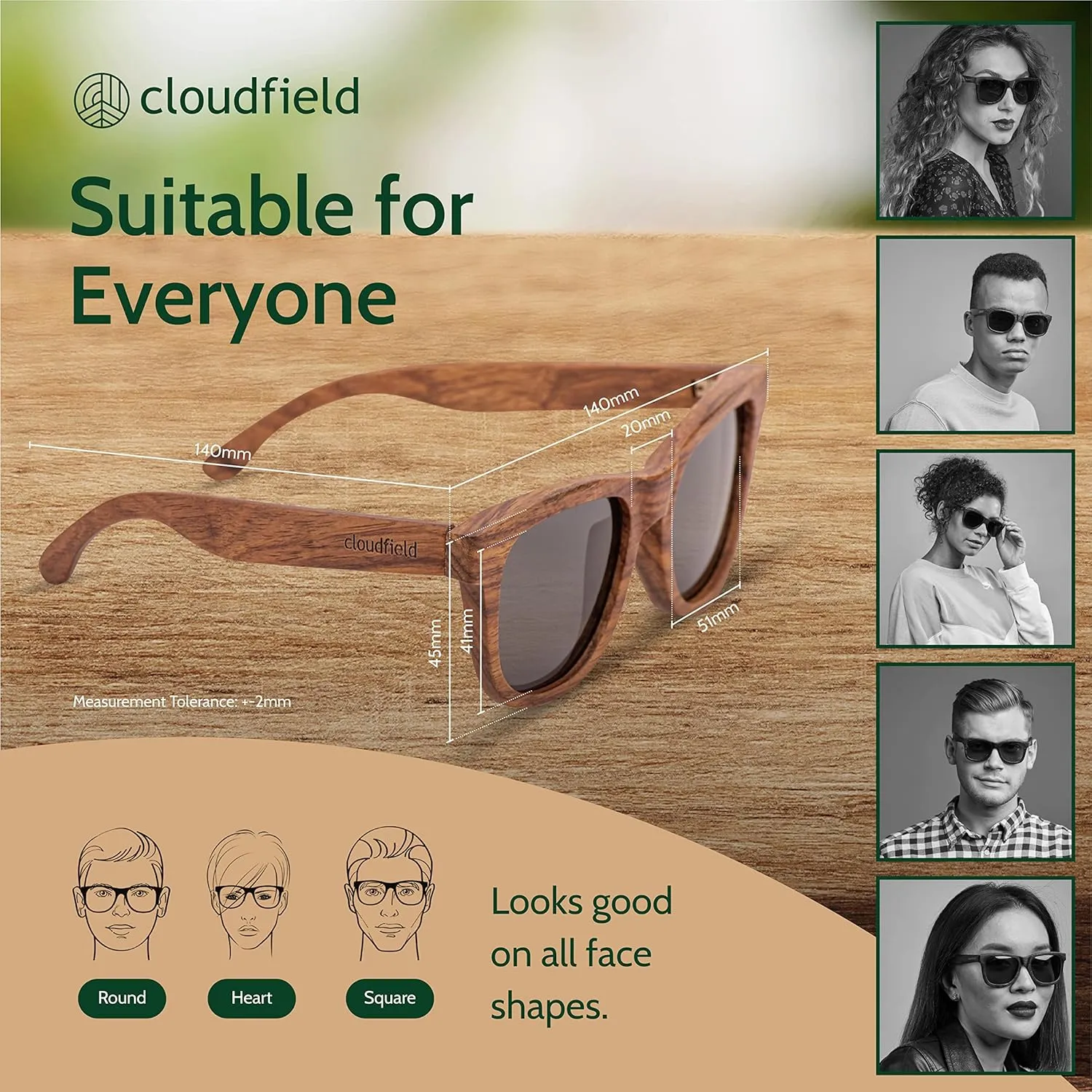 cloudfield Wood Frame Sunglasses for Men and Women with 9-Layer Polarized Lenses and Double Layer of UV Blocking Coating