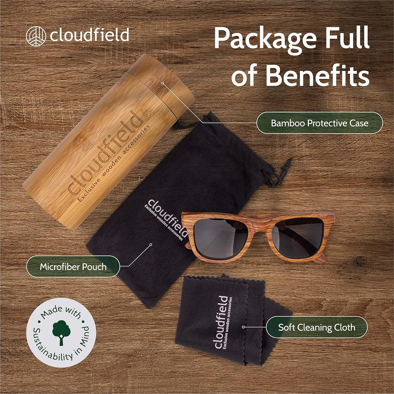 cloudfield Wood Frame Sunglasses for Men and Women with 9-Layer Polarized Lenses and Double Layer of UV Blocking Coating