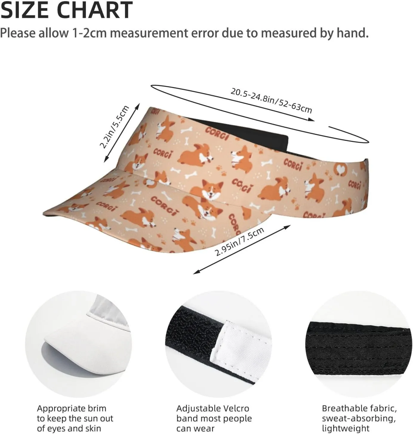 Corgi Printed Sun Visor Hats Adjustable, Women's Sun Hat, Unisex Designs, Fits Most Head Sizes