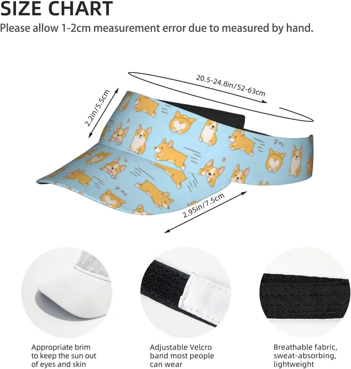 Corgi Printed Sun Visor Hats Adjustable, Women's Sun Hat, Unisex Designs, Fits Most Head Sizes