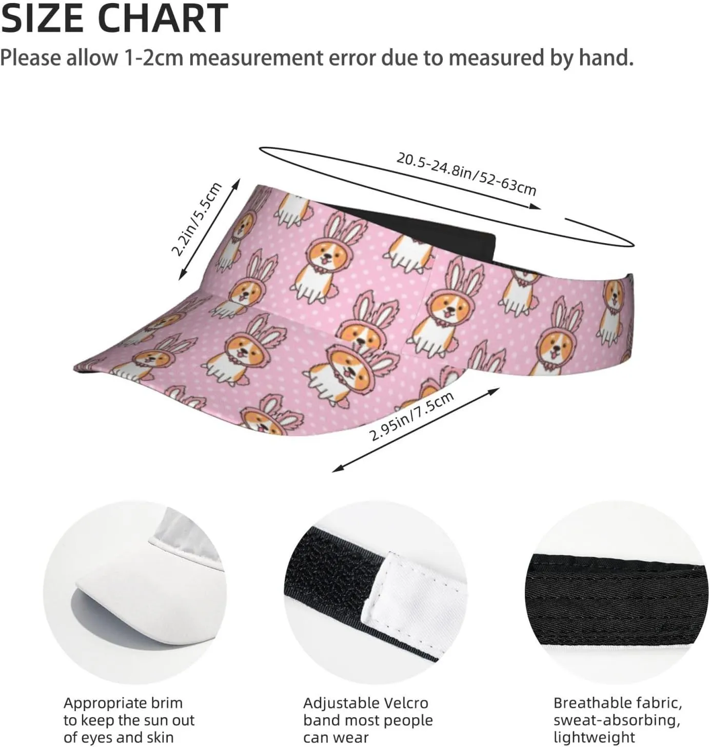 Corgi Printed Sun Visor Hats Adjustable, Women's Sun Hat, Unisex Designs, Fits Most Head Sizes