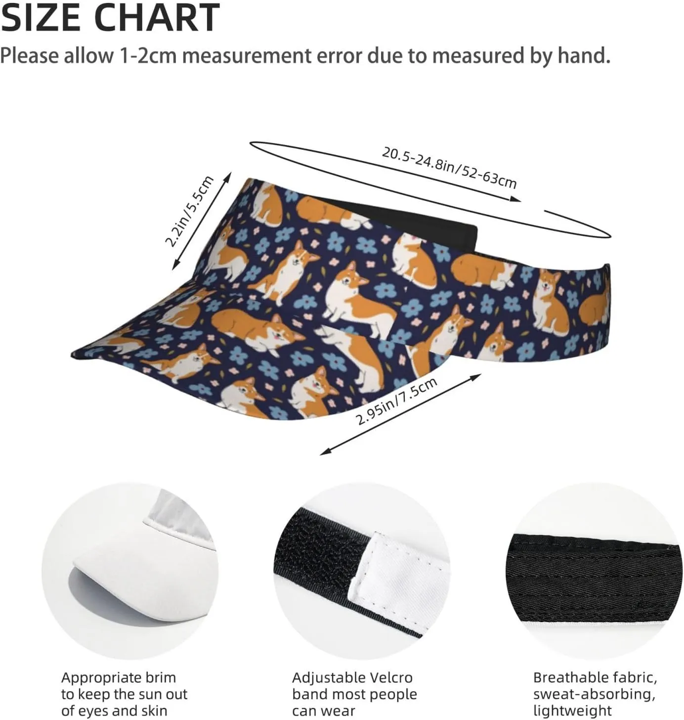 Corgi Printed Sun Visor Hats Adjustable, Women's Sun Hat, Unisex Designs, Fits Most Head Sizes