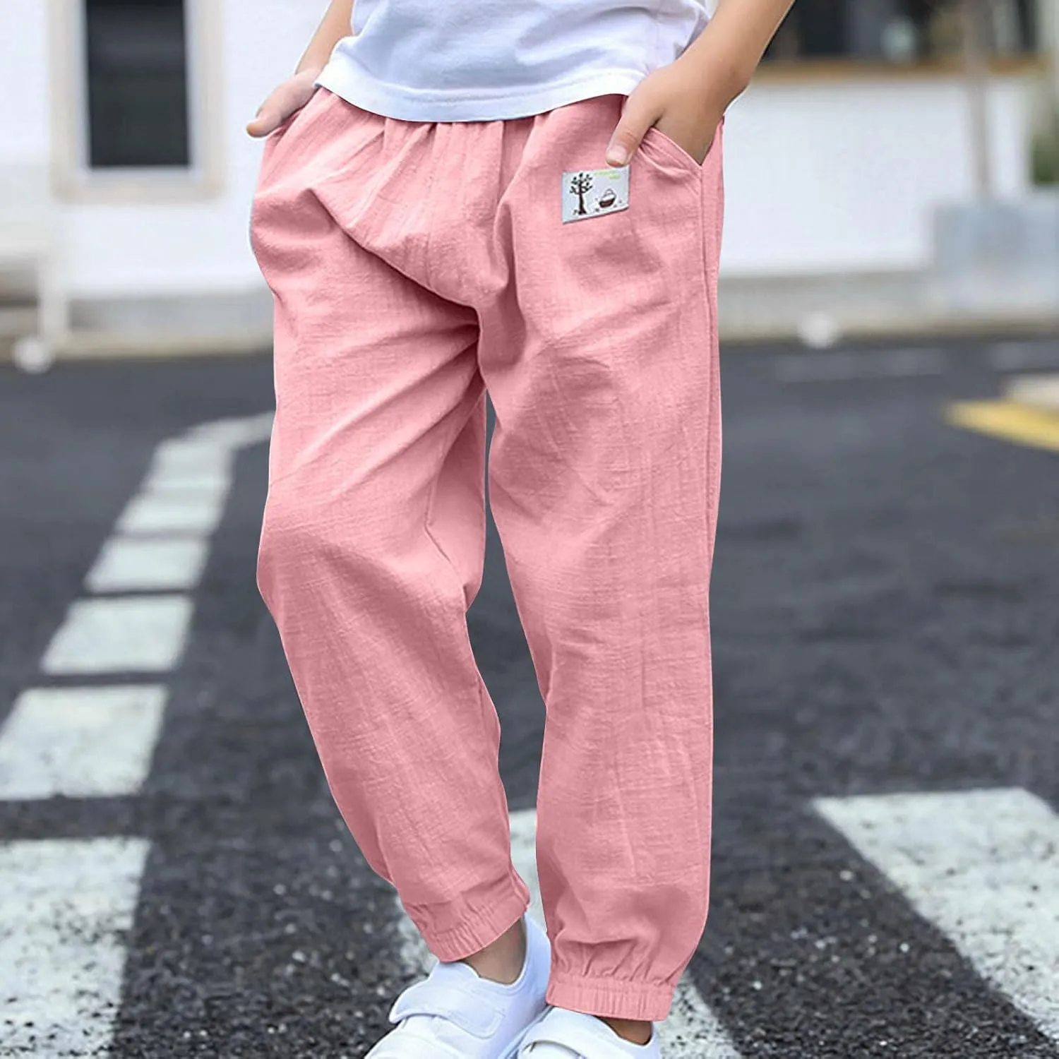 Cotton Girls Casual Jogger Pants with Pockets Comfortable Elastic Waist Sweatpants for Kids Activewear