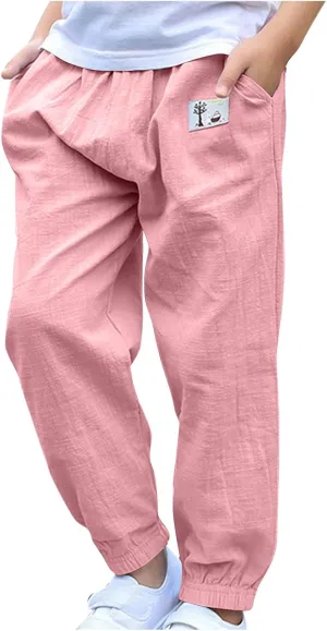 Cotton Girls Casual Jogger Pants with Pockets Comfortable Elastic Waist Sweatpants for Kids Activewear