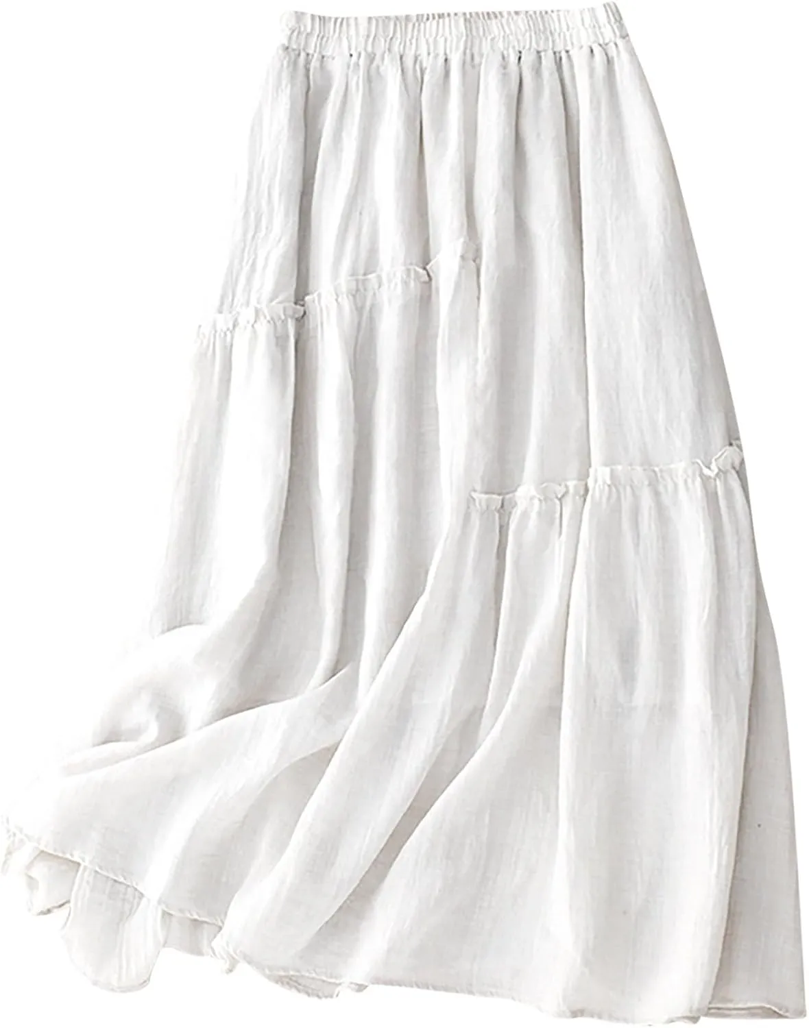 Cotton Linen Skirts for Women Summer Elastic Waisted Swing Tiered Double Layerd Maxi Skirts Irregular Ruffle Lightweight