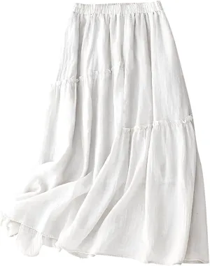 Cotton Linen Skirts for Women Summer Elastic Waisted Swing Tiered Double Layerd Maxi Skirts Irregular Ruffle Lightweight