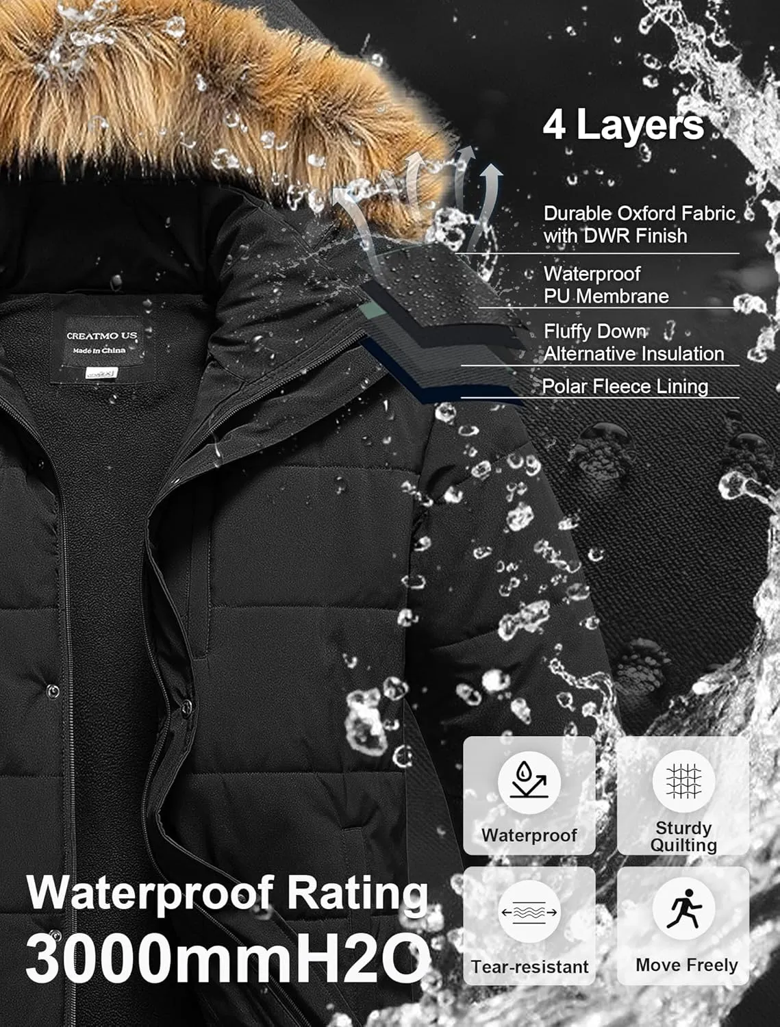 CREATMO US Men's Big and Tall Puffer Jacket Waterproof Winter Coats Fleece Lined Detachable Fur Hood Available In 2X To 6X