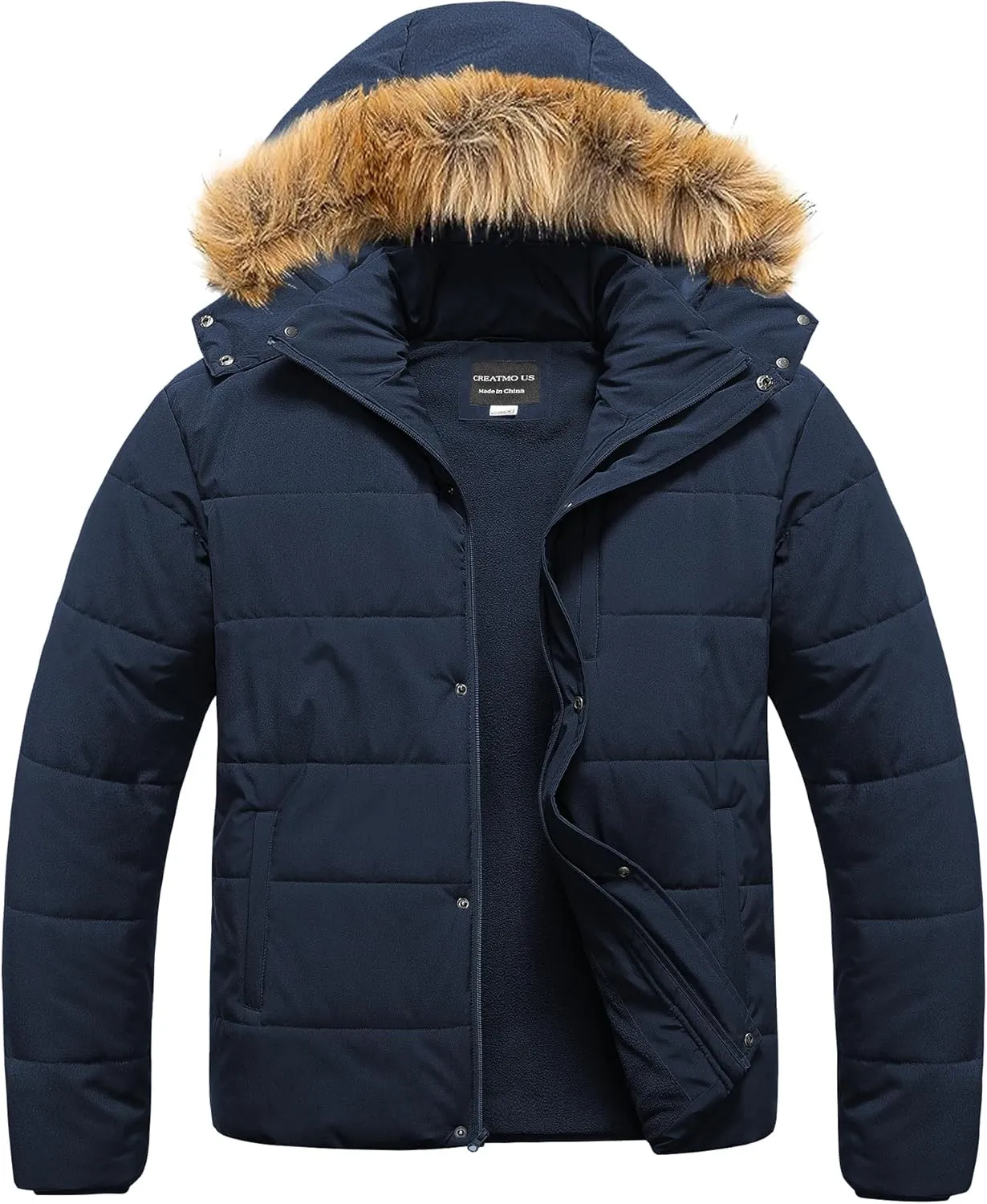 CREATMO US Men's Big and Tall Puffer Jacket Waterproof Winter Coats Fleece Lined Detachable Fur Hood Available In 2X To 6X