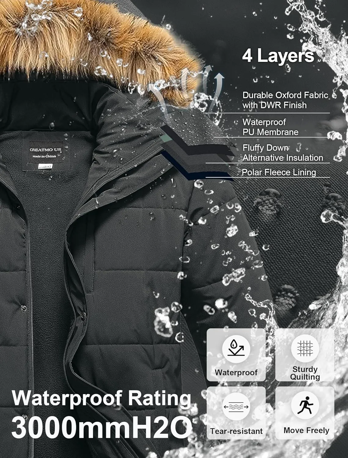 CREATMO US Men's Big and Tall Puffer Jacket Waterproof Winter Coats Fleece Lined Detachable Fur Hood Available In 2X To 6X
