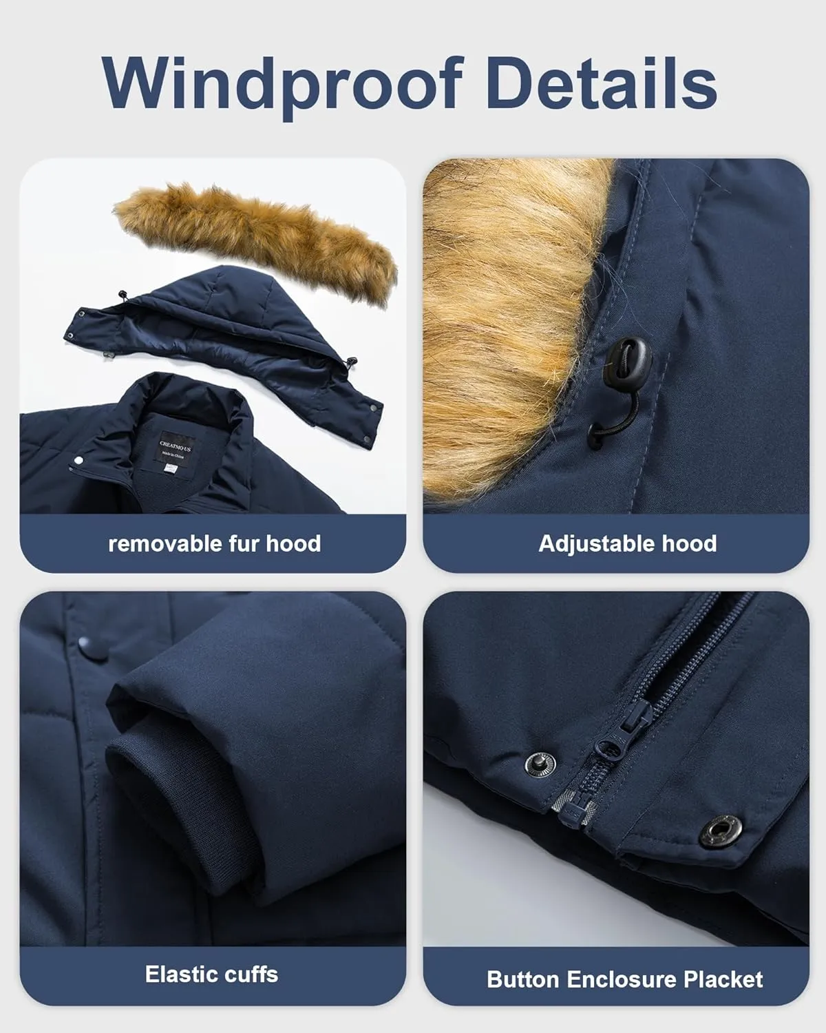 CREATMO US Men's Big and Tall Puffer Jacket Waterproof Winter Coats Fleece Lined Detachable Fur Hood Available In 2X To 6X