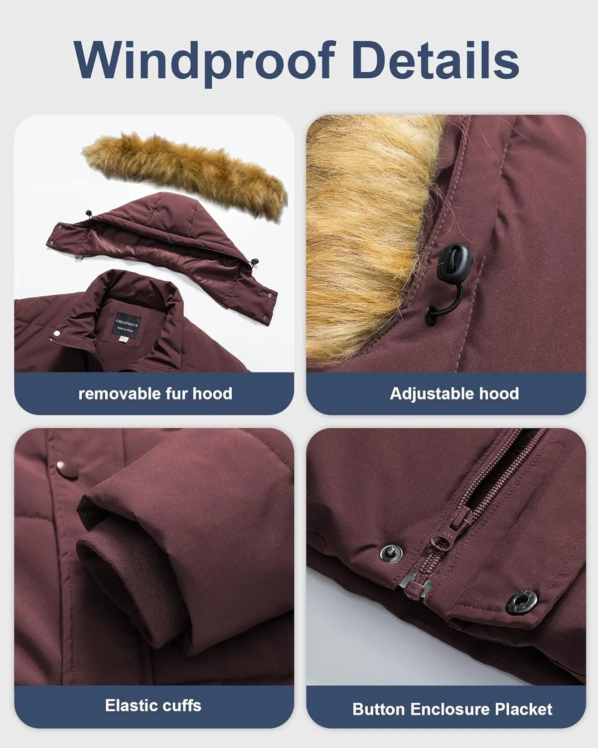 CREATMO US Men's Big and Tall Puffer Jacket Waterproof Winter Coats Fleece Lined Detachable Fur Hood Available In 2X To 6X