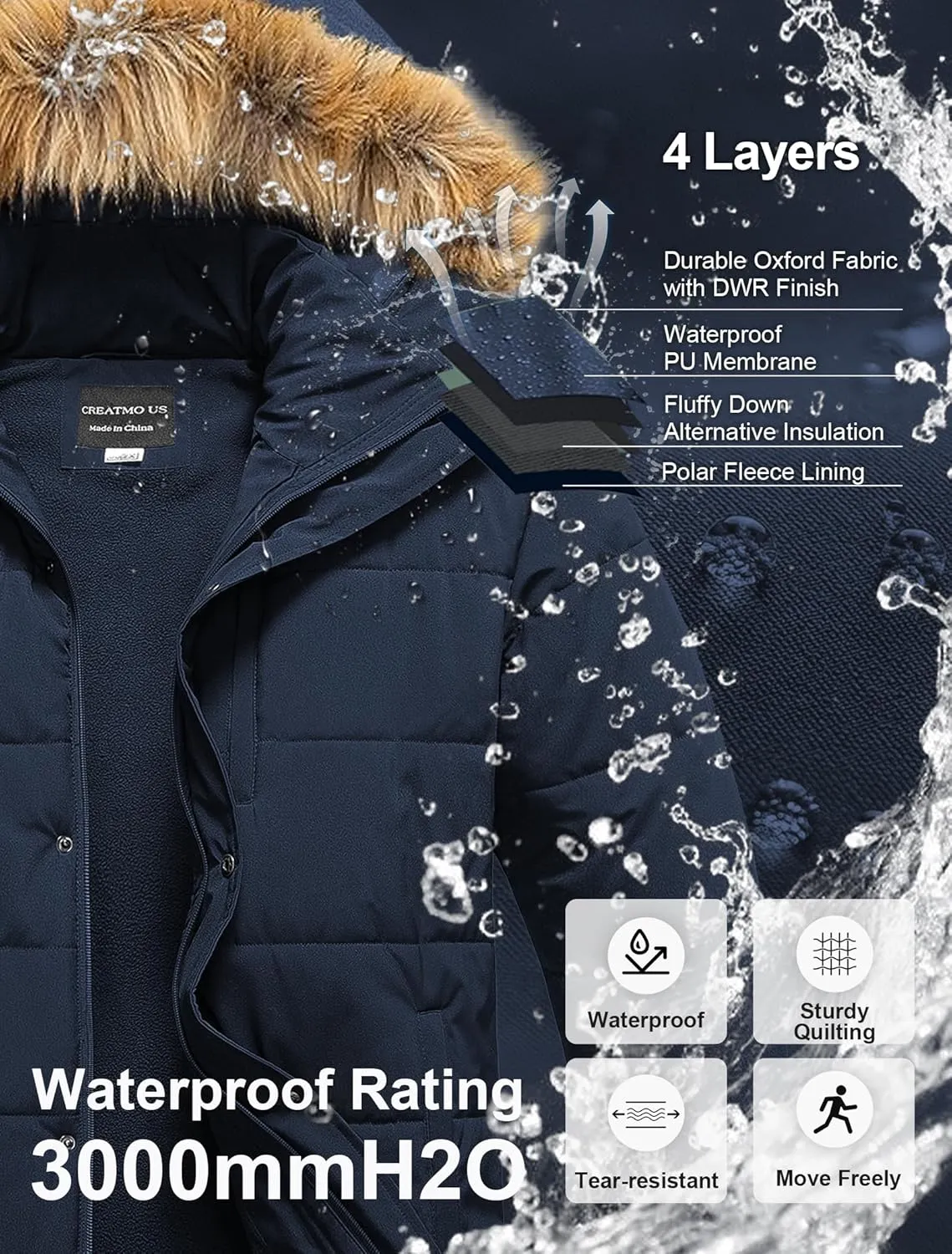 CREATMO US Men's Big and Tall Puffer Jacket Waterproof Winter Coats Fleece Lined Detachable Fur Hood Available In 2X To 6X