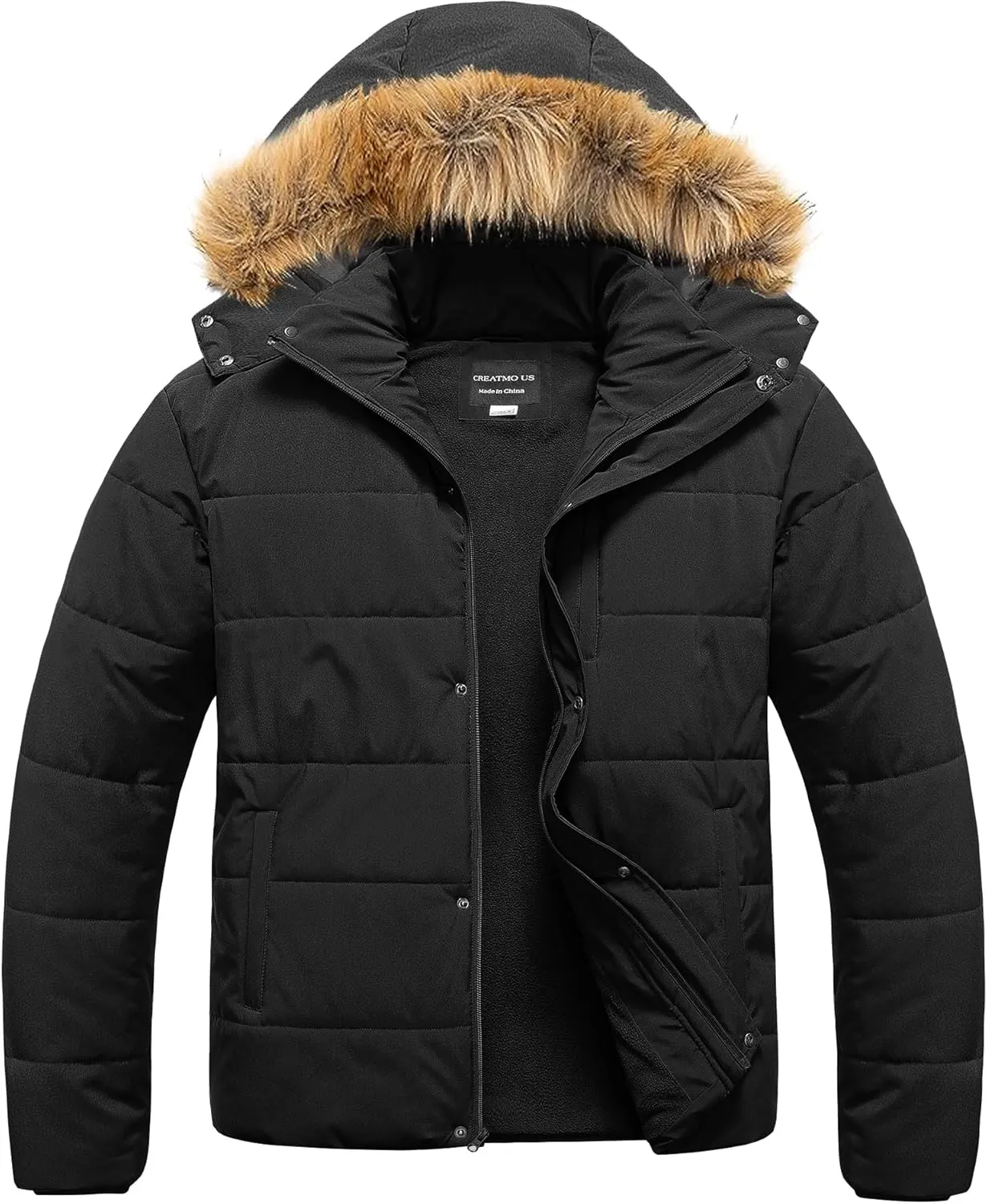 CREATMO US Men's Big and Tall Puffer Jacket Waterproof Winter Coats Fleece Lined Detachable Fur Hood Available In 2X To 6X